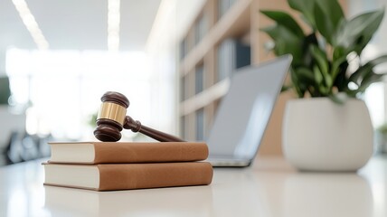 Judge's of placed on law books symbolizes justice, legal decisions, and the authority the gavel court in a contemporary office environment