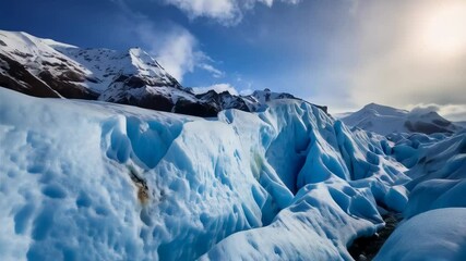 Majestic glacier landscape with bright sunlight illuminating the textured ice and snowy mountains in the distance, creating a cold winter scene. - Powered by Adobe