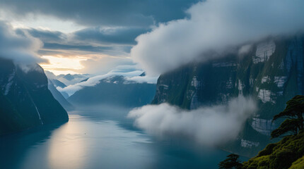 Fototapeta premium Misty fjords with steep, densely forested cliffs, towering above the calm, glassy water of Fiordland National Park, New Zealand