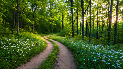 Fototapeta premium Sunlit Forest Path with Blooming Flowers 33562367 2