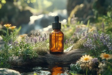 Amber serum bottle with dropper on driftwood, surrounded by greenery, flowers, and soft light.
