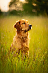 Golden Retriever Sitting in Sunny Meadow with Bokeh Background