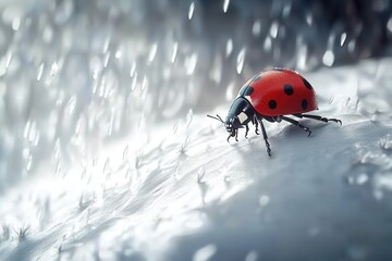 Obraz premium A vibrant ladybug perched on a dewy leaf during a gentle rain, showcasing nature's beauty