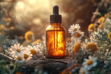 Amber serum bottle with dropper on driftwood, surrounded by greenery, flowers, and soft light.