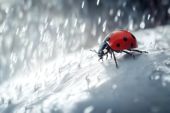 A vibrant ladybug perched on a dewy leaf during a gentle rain, showcasing nature's beauty