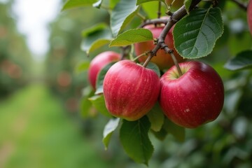 A ripe red apple hangs on a branch in an orchard under the warm sunlight on a clear summer day.

