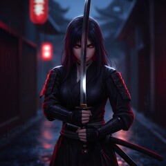 Female Warrior with Katana in the Rain