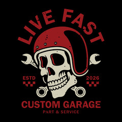 Biker skull with helmet and wrenches