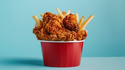 pizza and crisp, golden-brown fried chicken piled high in a sleek, pure check bucket, accompanied by perfectly seasoned French fries 