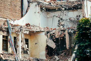 Partial building collapse in Hanoi city, Vietnam, urban decay and destruction