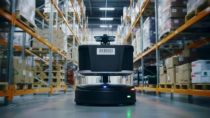 An autonomous robot shows the future of industrial warehouse automation, logistics technology manages inventory for efficient delivery, streamlining entire process from storage to shipment. - Powered by Adobe