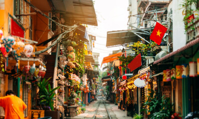 Hanoi train street with coffee and bar and Vietnamese flags