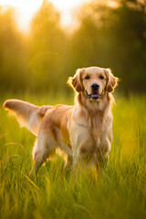 Golden Retriever Sitting in Sunny Meadow with Bokeh Background