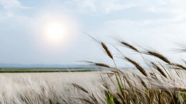 Golden Wheat Field Swaying in the Breeze at Sunset on Rural Farmland