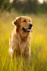 Golden Retriever Sitting in Sunny Meadow with Bokeh Background