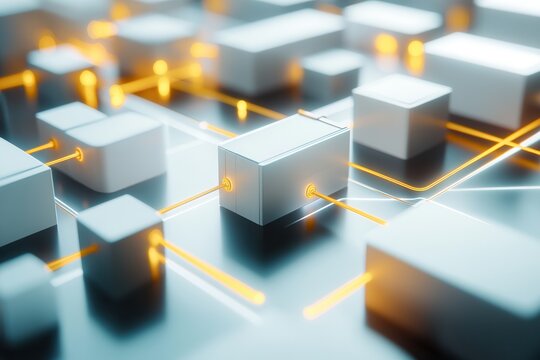 Abstract representation of interconnected blocks with glowing lines on a dark surface