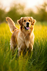 Golden Retriever Sitting in Sunny Meadow with Bokeh Background