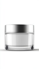 A stunning image of cream jar. Cosmetic jar mockup, Round white bottle. Plastic creme container blank. Realistic clear body skin beauty cream, corporate branding identity simple.