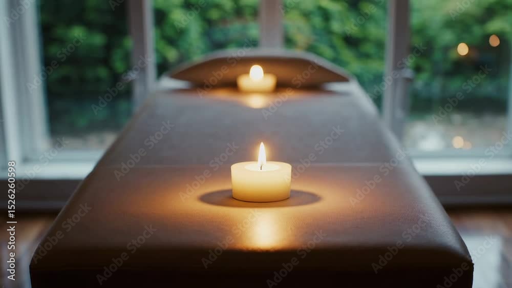 Poster warm candlelight creates a relaxing atmosphere on a massage table in a spa, enhancing the wellness e