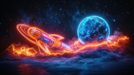 Neon Rocket Launching towards a Glowing Planet
