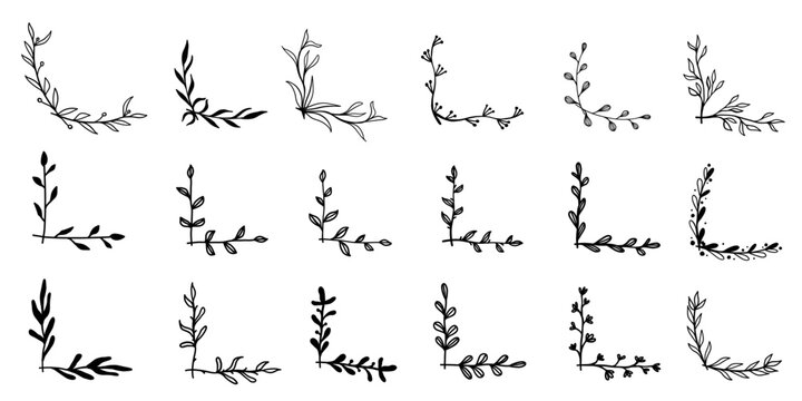  Simple floral border vector leaves ornament frame corner. Flourish vintage fancy natural wedding doodle sketch scribble collection.
