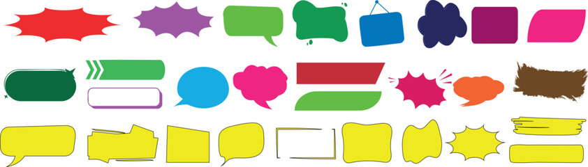 Colorful speech bubble, label, banner, comic burst, and sticker collection for design, pop art, web graphics, comics, and marketing. Enhance creativity and style in projects with vibrant elements