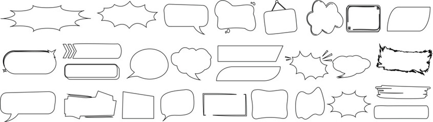 Hand drawn speech bubbles, thought clouds, and text boxes in a playful, sketchy style doodle elements  for comics, designs, and creative projects. Ideal for graphic design