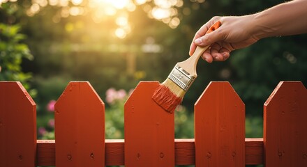 Close-up of a hand painting a wooden picket fence red in a sunny garden. DIY home improvement project outdoors. Renovating and decorating a backyard fence with fresh paint.