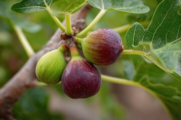 fig tree has green and purple fruit hanging on the branches