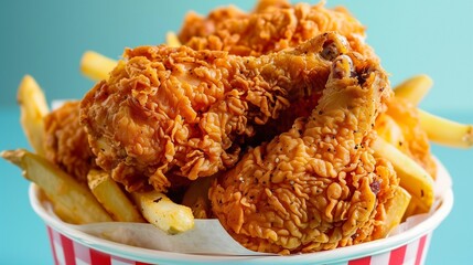 pizza and crisp, golden-brown fried chicken piled high in a sleek, pure check bucket, accompanied by perfectly seasoned French fries 