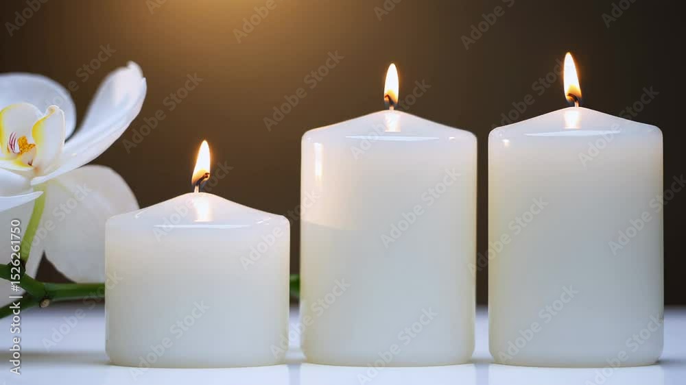 Aufkleber lit white candles of different sizes and a white orchid flower create a relaxing and peaceful atmosp