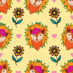 Seamless pattern with cute hand drawn doodle foxs and flowers. Vector illustration.
