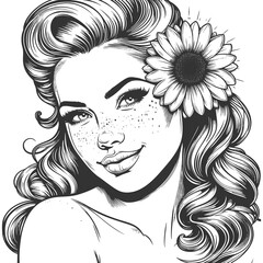 beautiful young woman with retro curls, flower in her hair, and sunburst background detail sketch engraving generative ai fictional character raster illustration. Scratch board. Black and white image.