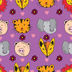 Seamless pattern with cute cartoon animals and hearts. Vector illustration.