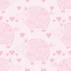Seamless pattern with cute pink pig and hearts. Vector illustration.