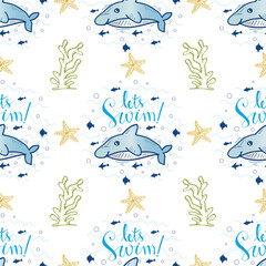 Seamless pattern with whale, starfish, seaweed and lettering. Vector illustration.