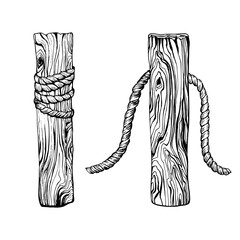 Two wooden posts wrapped with rope. Hand drawn vector illustration painted by black ink. Sketch in line art style isolated on white background. Perfect for maritime rustic or coastal themed design.