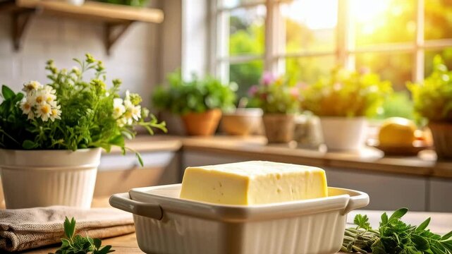 Bright kitchen interior with yellow butter block and herbs, summer scene, healthy lifestyle, flowers and plants in pots near window