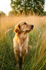 Golden Retriever Sitting in Sunny Meadow with Bokeh Background