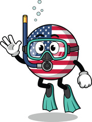 A fun cartoon illustration of united states flag diving underwater with fins and snorkel