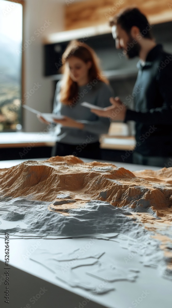 Aufkleber two geologists are analyzing a detailed 3d model of a mountain range, likely assessing potential ear