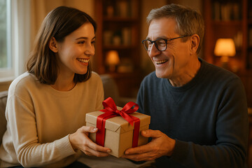 Young Woman Giving Gift to Smiling Father – Heartwarming Father’s Day Moment Indoors

