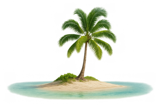 Verdant palm tree sprouting on pristine white-sand island, surrounded by crystal-clear turquoise waters, isolated background