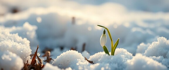 Delicate snowdrop emerging from melting snow, signifying spring's arrival, season, blossom
