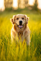 Golden Retriever Sitting in Sunny Meadow with Bokeh Background