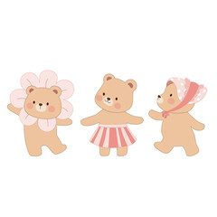 vector ,  illustration of three bears with skirt , hat and flower hat 