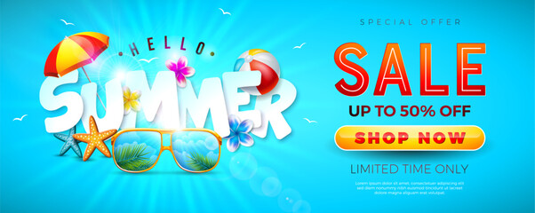 Summer Sale Design with Flower and Tropical Palm Leaves on Yellow Background. Exotic Floral Vector Illustration with Special Offer Typography for Coupon, Voucher, Banner, Flyer, Promotional Poster