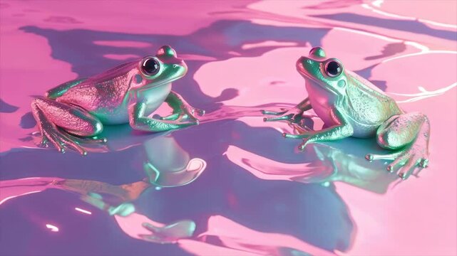 Two iridescent frogs face each other on a pink, reflective surface