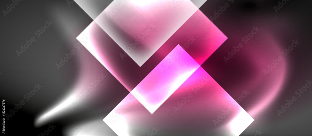 Poster Abstract composition. Pink, white shapes overlap dark background. Soft glow creates dynamic visual effect. Modern design element.