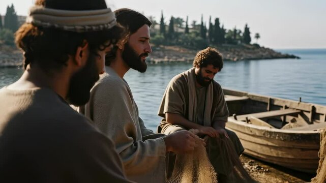 Jesus Christ teaching two fishermen disciples by a wooden boat on the shore, biblical faith and christianity concept footage.